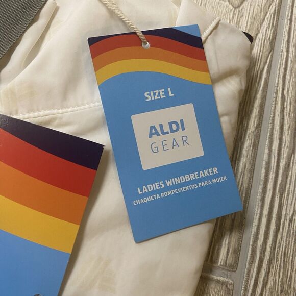Aldi Gear ‘24 Windbreaker Jacket Ladies L White Logo Rainbow Water Resistant New - Picture 3 of 7